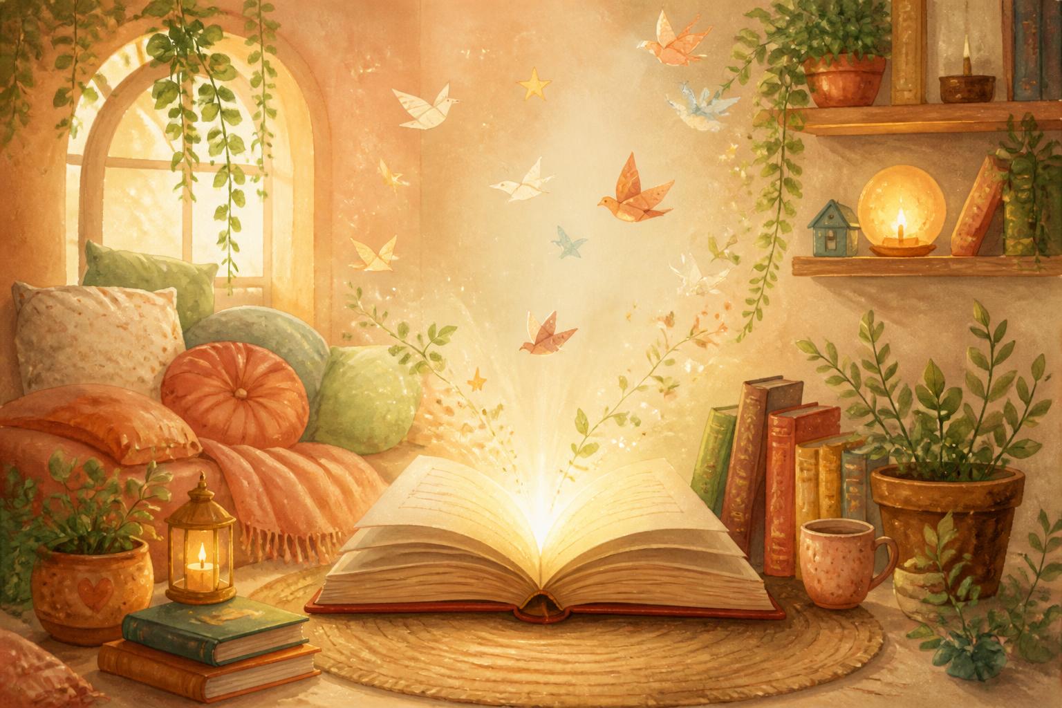 A cozy reading nook with an open storybook glowing with light and paper birds